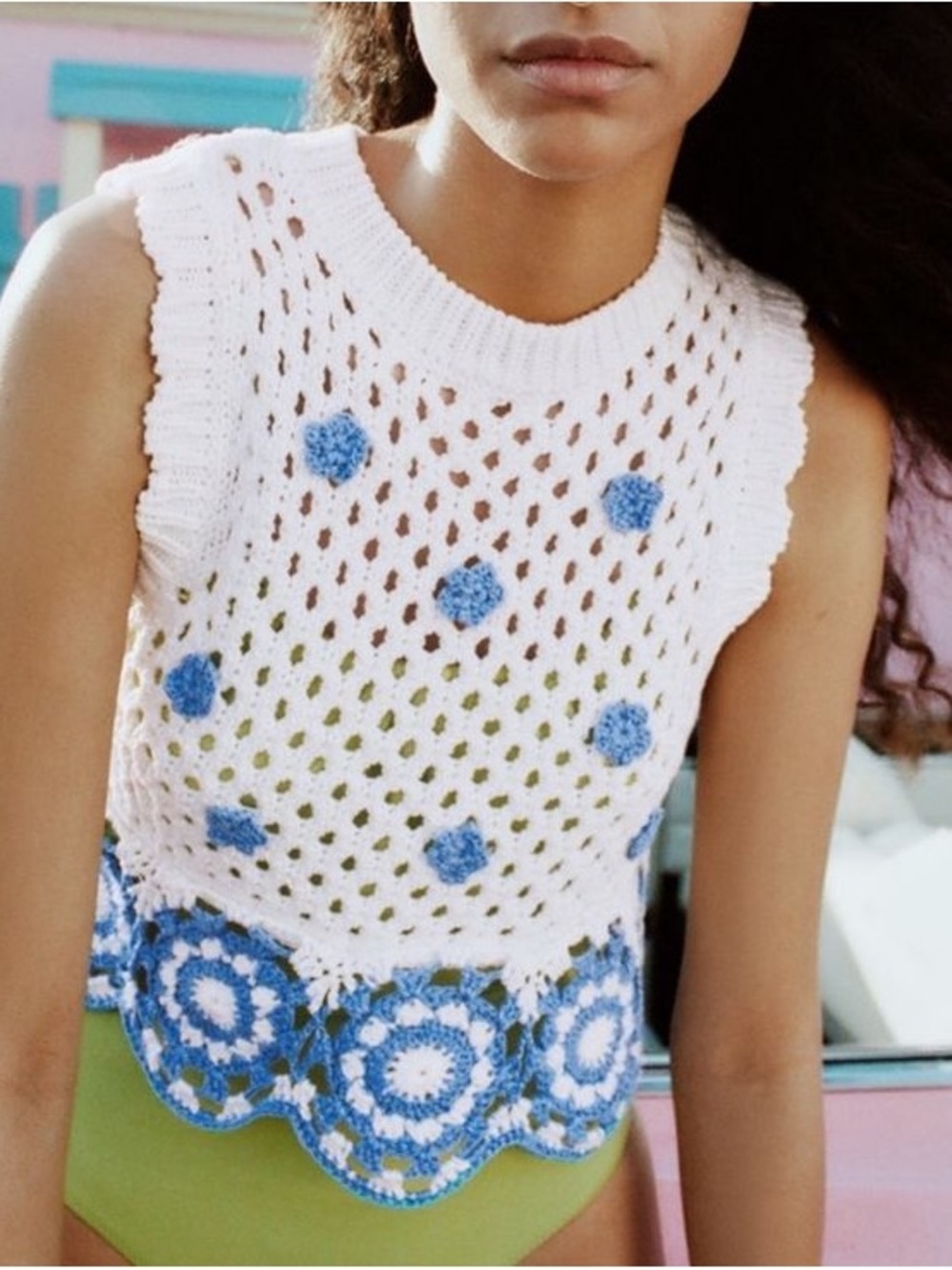 Zara White Crochet Crop Top with Blue Floral Accents